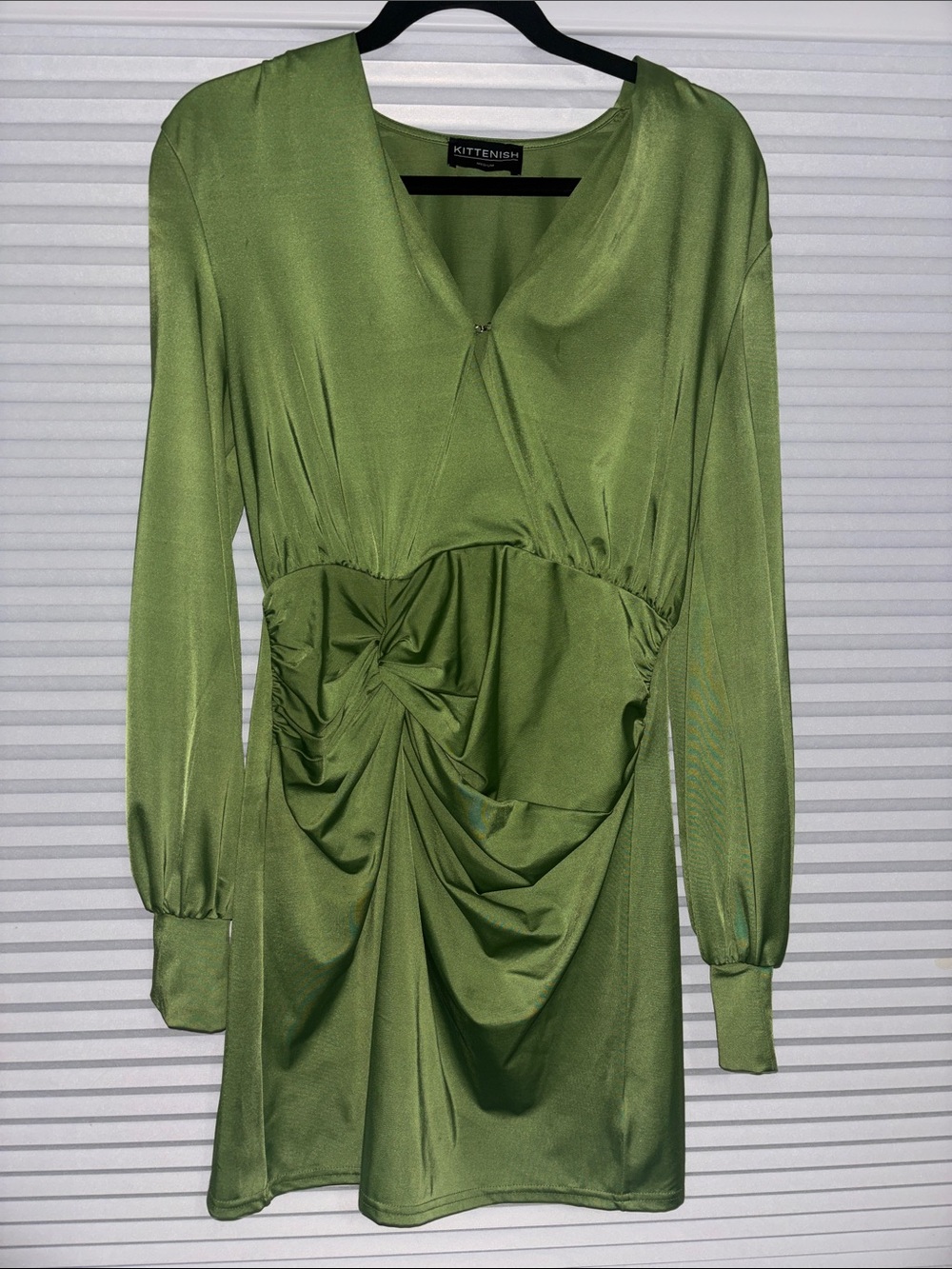 KITTENISH Olive Green Long Sleeve Draped Mini Dress